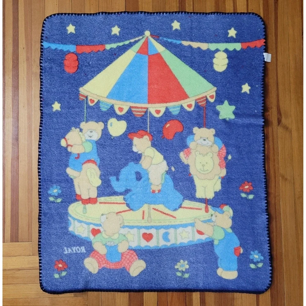 Vtg Baby Blanket Teddy Bear Marry Go Round Carnival Mink Plush Navy Blue RARE